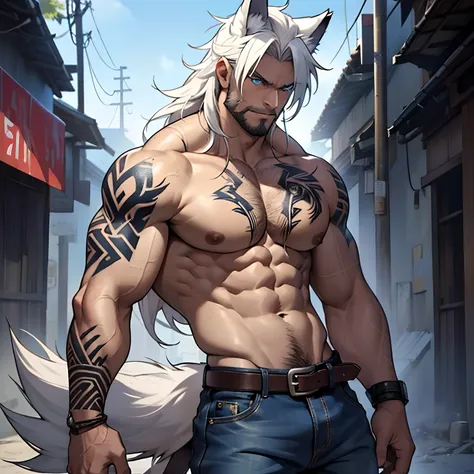 Muscular shirtless male wearing just a pair of torn jeans, has long white hair, has wolf ears, has glowing blue eyes, has light beard stubble, has wolf tail, solo, alone, (SOLO)(ALONE) shirtless, no shirt, (SHIRTLESS)(NO SHIRT), flexing, mystic backround, ...