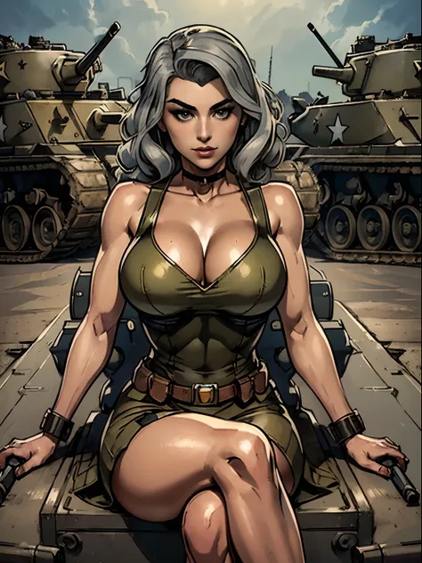 (masterpiece, top quality, best quality, official art, beautiful and aesthetic:1.2), (1girl:1.3), (gray hair victory curls), vintage 1940s American hairstyle, extremely detailed, portrait, looking at viewer, solo, (full body:0.6), detailed background, clos...