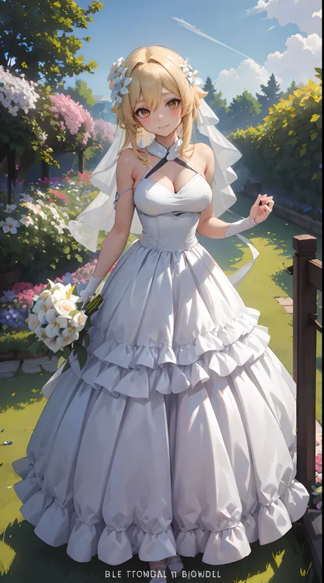 Lumine | genshin impact, master-piece, bestquality, 1girls,25 years old, proportional body, proportional., Wedding Dresses, White Wedding Dress, Long skirt, wedding, ,bara, Standing in the middle of a flower garden, outdoor, wedding, The sky is beautiful, ...