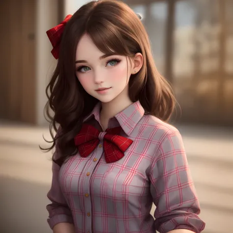 brunette cowgirl in red plaid shirt with red bow in hair