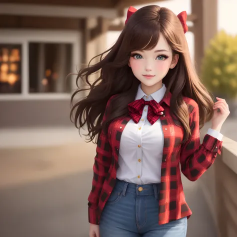 brunette cowgirl in red plaid shirt with red bow in hair