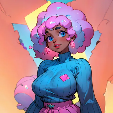 ((solo)), black girl, brown skin, pink afro hair, neon blue eyes, blue lipkstick, thick lips, gentle smile, cute clothes, plump body, blue sweater, half body framing