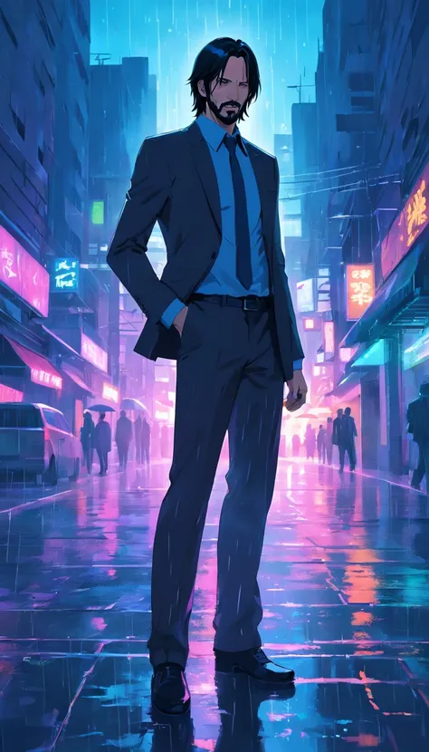 John Wick 1 man with a silenced pistol，Embarrassed，Walk in the rain，The right hand holds the place where the left hand is injured，Black suit, Soaked by the rain，City, Neon lights, Night