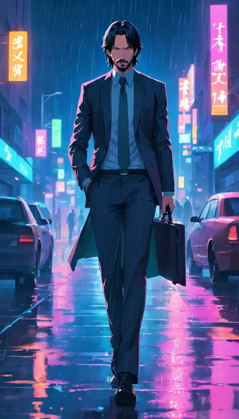 John Wick 1 man with a silenced pistol，Embarrassed，Walk in the rain，The right hand holds the place where the left hand is injured，Black suit, Soaked by the rain，City, Neon lights, Night