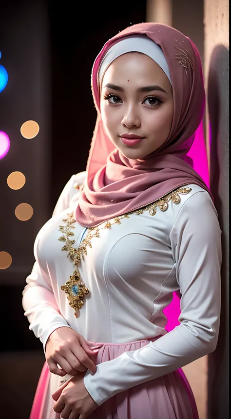 1 malay girl , modern plain hijab,  shy, medium portrait shot , watery  eyes , light glowing particles, wearmodern Indonesian bridal kebaya dresses,  big breast, pink light bokeh background, proportional body,