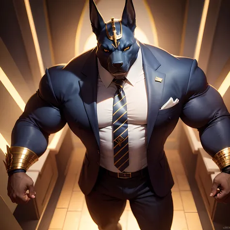 Anubis the egyptian god muscled  with huge torso , huge arms ,huge  pecs , huge lesgs , in suit with a tie like bodyguard outfit ,  full body