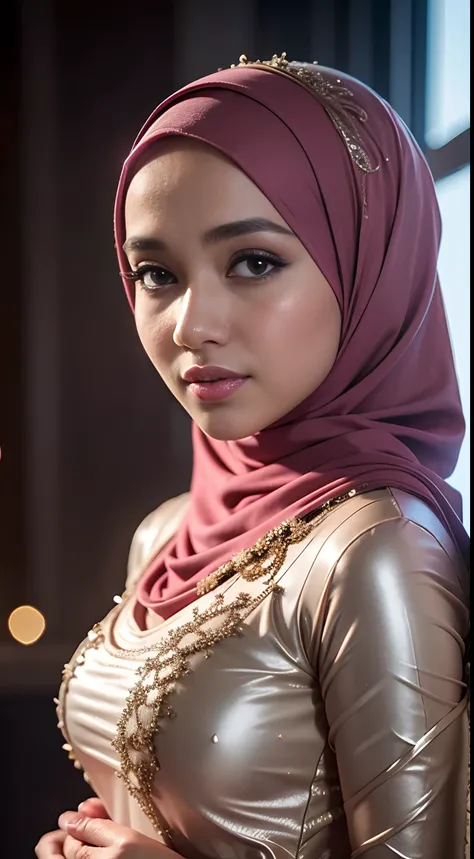 1 malay girl , modern plain hijab,  shy, medium portrait shot , watery  eyes , light glowing particles, wearmodern Indonesian bridal kebaya dresses,  big breast, pink light bokeh background, proportional body,