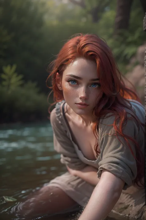 Masterpiece, (((full figure supermodel, full body shot, entire body in frame))), (((magical lighting action shot))) (((beautiful redhead fit pale smiling goddess Scottish woman kneeling in river garden in a park, arms covering flat chest, arms across small...