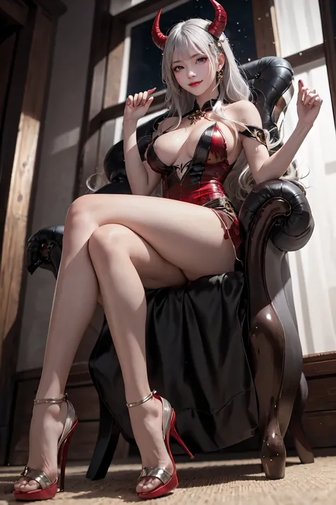 masterpiece, top-quality, top-quality, Beautifully Aesthetic:1.2, 1girl, Halloween night, Wearing a Luxury devil costume, high detailed, ((Red eyes:1.8)), Sitting on the Luxury chair with legs full opened, (large breasts, firm breast, nicely shaped breasts...