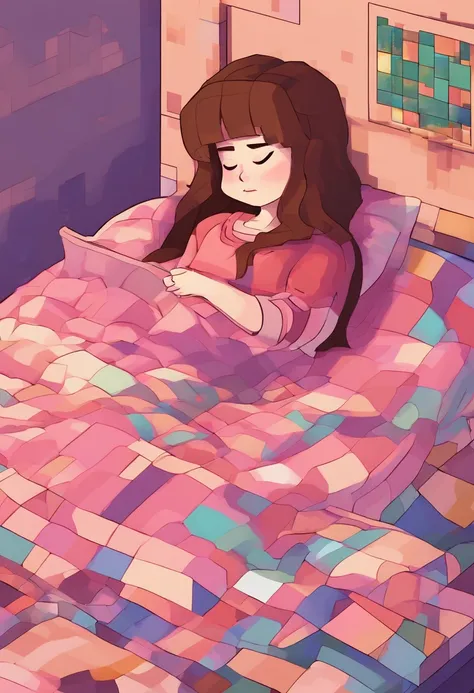 Sleeping girl, 22 years old, realista, Lleva un pijama largo rosa, brown hair.