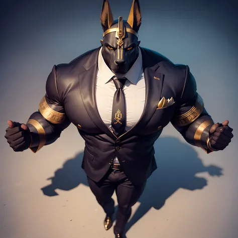 Anubis the egyptian god muscled  with huge torso , huge arms ,huge  pecs , huge lesgs , in suit with a tie like bodyguard outfit ,  full body