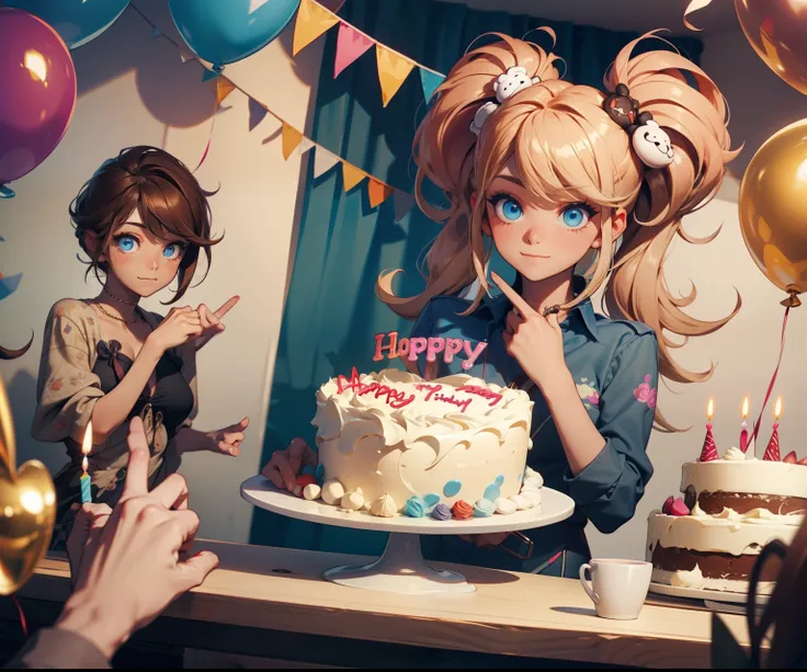 4 people in the birthday room with gifts and a cake, con rostros bien detallados y hermosos,  con un rostros muy detallado y hermoso, ojos bien detallados y hermosos, multicolor de cabello