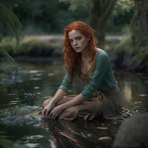 Masterpiece, (((full figure supermodel, full body shot, entire body in frame))), (((magical lighting action shot))) (((beautiful redhead fit pale smiling goddess Scottish woman kneeling in river garden in a park, arms covering flat chest, arms across small...