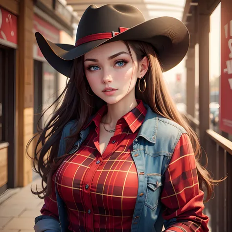 Brunette blue eyed cowgirl in red and black plaid shirt in western background