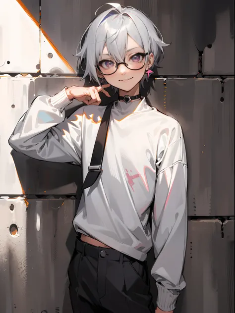 (Male child, eye glasses,A smile, silber hair，cowboy  shot),masutepiece, Best Quality, absurderes, Perfect Anatomy, Solo, Matoi, earrings, Sharp eyes, Choker, Neon Shirt, Turtleneck sweater, Night, Against Wall, Brick wall, Graffiti, Dim lighting, backstre...