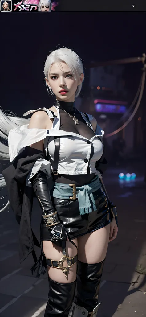 a close up of a person in a costume with a sword, as a character in tekken, female character, tifa lockhart with white hair, katana zero video game character, lunar themed attire, kda, slim body, cyborg - girl with silver hair, upper body avatar, (( medium...