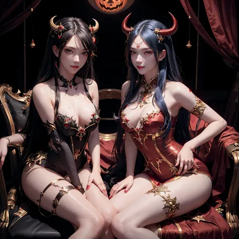 masterpiece, top-quality, top-quality, Beautifully Aesthetic:1.2, Two girls, Halloween night, Wearing a Luxury devil costume, high detailed, ((Red eyes:1.8)), large breasts, firm breast, nicely shaped breasts, slender figure, 
(Left girl is Blue hair), (Ri...