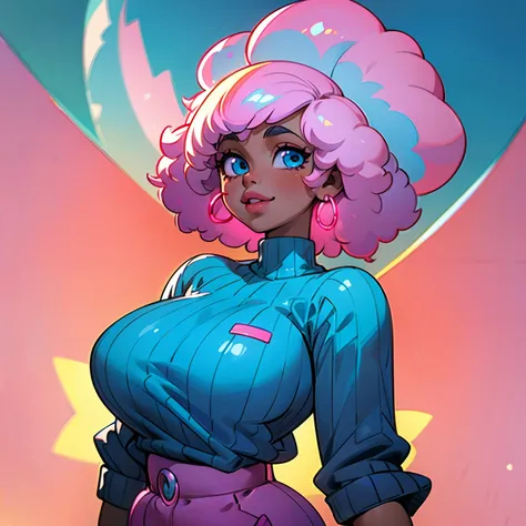 ((solo)), black girl, brown skin, pink afro hair, neon blue eyes, blue lipkstick, thick lips, gentle smile, cute clothes, plump body, big blue sweater, half body framing