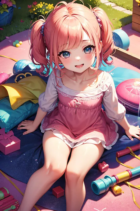 (best quality,4k,highres,masterpiece:1.2),extremely detailed eyes and face,longeyelashes,beautiful detailed eyes,beautiful detailed lips,1girl,cute,innocent,happy,8 year old girl, sitting on a pink carpet, surrounded by several toys, joyful expression,chil...