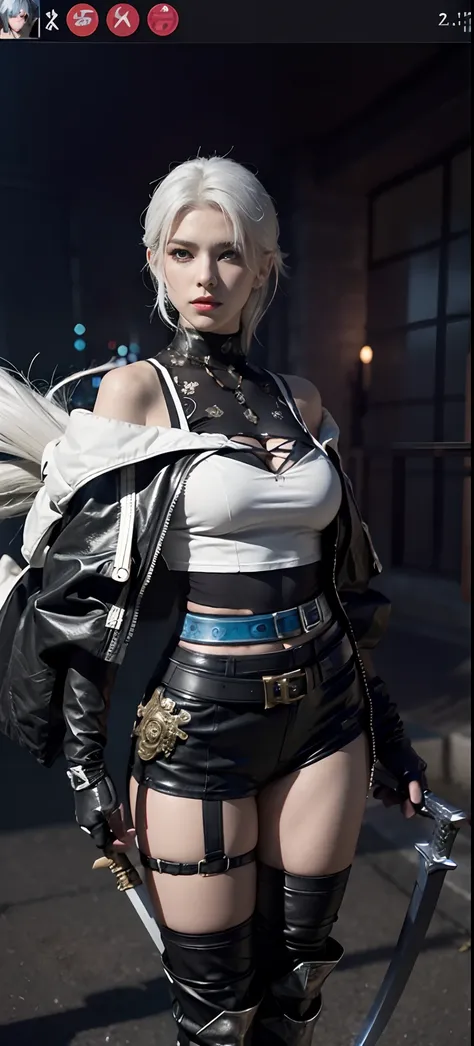 a close up of a person in a costume with a sword, as a character in tekken, female character, tifa lockhart with white hair, katana zero video game character, lunar themed attire, kda, slim body, cyborg - girl with silver hair, upper body avatar, (( medium...