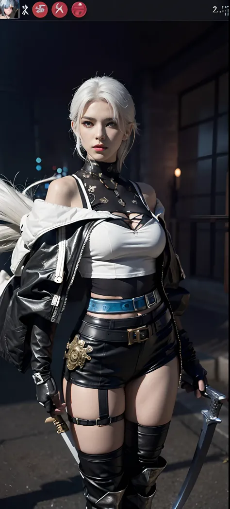 a close up of a person in a costume with a sword, as a character in tekken, female character, tifa lockhart with white hair, katana zero video game character, lunar themed attire, kda, slim body, cyborg - girl with silver hair, upper body avatar, (( medium...