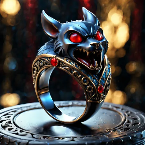 3d scene, (majestic powerful ring with intricate bat engravings on it:1.2), rich ornate patterns, (blue and red and black stones...