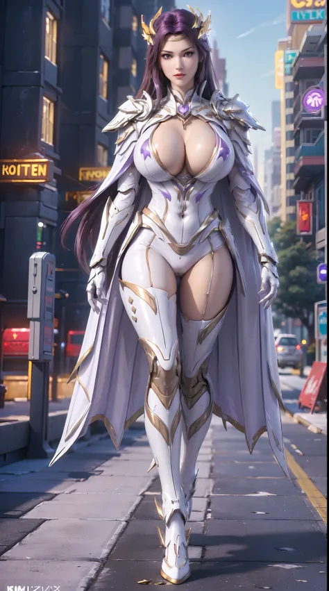 1GIRL, SOLO, (brown hair), (HUGE FAKE BOOBS:1.3),(GUARD ARM, GLOVE), (white, purple, gold, FUTURISTIC PHOENIX MECHA ARMOR SUIT, ROYAL CAPE, CLEAVAGE:1.5), (SKINTIGHT YOGA PANTS, HIGH HEELS:1.2), (NSFW GLAMOROUS BODY, SEXY LONG LEGS, FULL BODY:1.3), (FROM F...