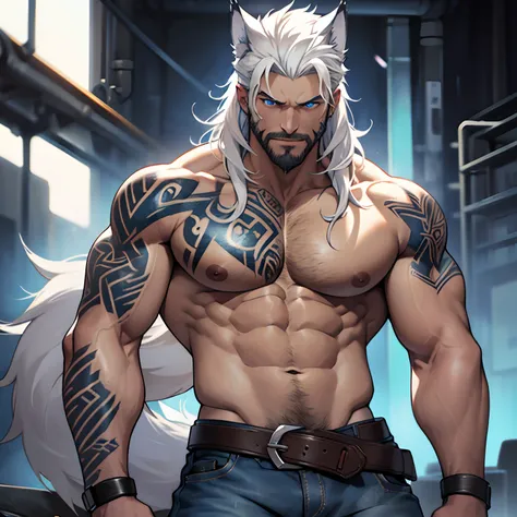 Muscular shirtless male wearing just a pair of torn jeans, has long white hair, has wolf ears, has glowing blue eyes, has light beard stubble, has wolf tail, solo, alone, (SOLO)(ALONE) shirtless, no shirt, (SHIRTLESS)(NO SHIRT), flexing, mystic backround, ...