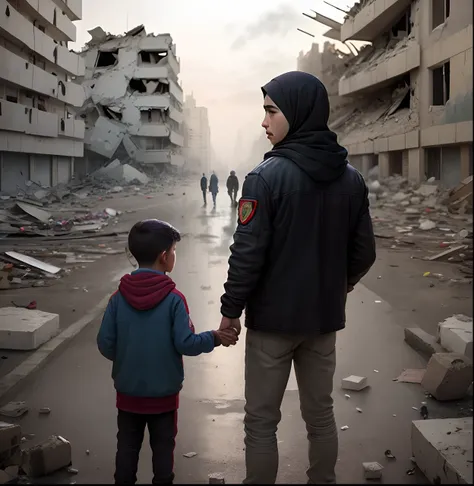 "Describe the emotions and story behind this impactful image of a sad Palestinian, Standing with a child next to you, Surrounded by the debris of a street with destroyed buildings. Explore facial expressions, the environment and the possible narratives tha...