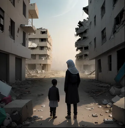 "Describe the emotions and story behind this impactful image of a sad Palestinian, Standing with a child next to you, Surrounded by the debris of a street with destroyed buildings. Explore facial expressions, the environment and the possible narratives tha...