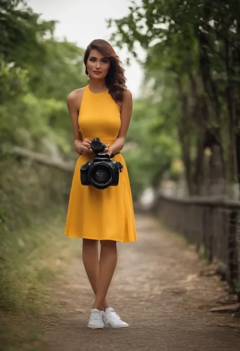 Female photography enthusiast，Thinking about it，shift dresses，holding a camera，Full body like，in a panoramic view，Add details，hair straight，Landscape shots(Faraway view)，athletic sneakers，ssmile，buliding，at noon，short  skirt，cap，3dQ version of the characte...