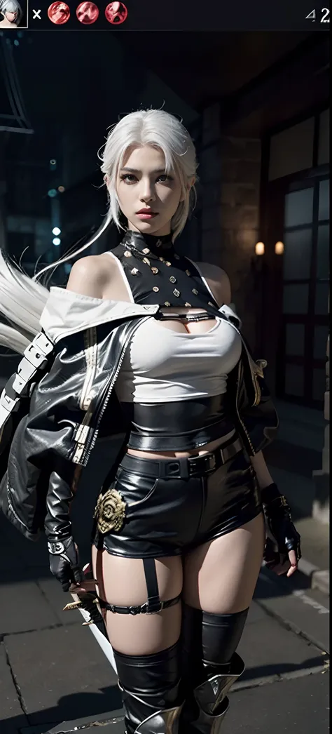 a close up of a person in a costume with a sword, as a character in tekken, female character, tifa lockhart with white hair, katana zero video game character, lunar themed attire, kda, slim body, cyborg - girl with silver hair, upper body avatar, (( medium...