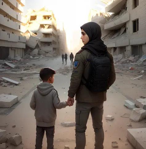 "Describe the emotions and story behind this impactful image of a sad Palestinian, Standing with a child next to you, Surrounded by the rubble of a street with destroyed buildings. Explore facial expressions, the environment and the possible narratives tha...