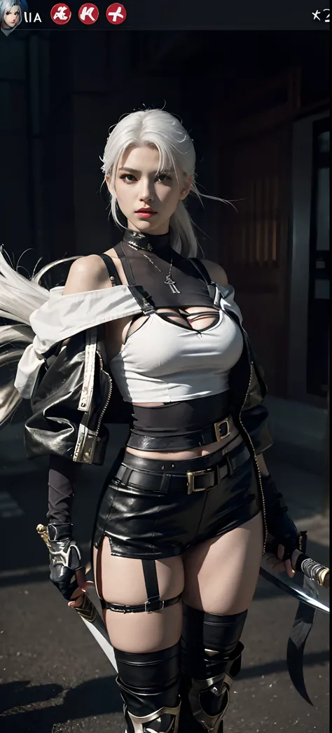 a close up of a person in a costume with a sword, as a character in tekken, female character, tifa lockhart with white hair, katana zero video game character, lunar themed attire, kda, slim body, cyborg - girl with silver hair, upper body avatar, (( medium...