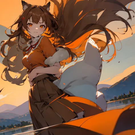 masutepiece, Best Quality,Dutch Angle, Hair Ornament, Wolf Girl, Bangs, Orange Eyes, Brown hair, Long hair, smug, Perfect hands, medium breasts, wide hips, , (Windy:1.3), tail, Looking at Viewer, Mountains in the background, (Skirt lift),