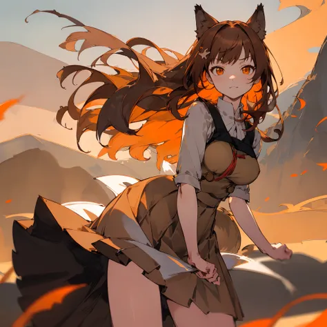 masutepiece, Best Quality,Dutch Angle, Hair Ornament, Wolf Girl, Bangs, Orange Eyes, Brown hair, Long hair, smug, Perfect hands, medium breasts, wide hips, , (Windy:1.3), tail, Looking at Viewer, Mountains in the background, (Skirt lift),