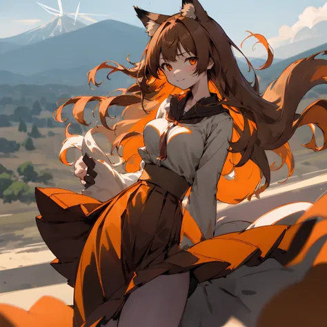 masutepiece, Best Quality,Dutch Angle, Hair Ornament, Wolf Girl, Bangs, Orange Eyes, Brown hair, Long hair, smug, Perfect hands, medium breasts, wide hips, , (Windy:1.3), tail, Looking at Viewer, Mountains in the background, (Skirt lift),