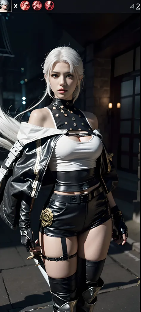 a close up of a person in a costume with a sword, as a character in tekken, female character, tifa lockhart with white hair, katana zero video game character, lunar themed attire, kda, slim body, cyborg - girl with silver hair, upper body avatar, (( medium...