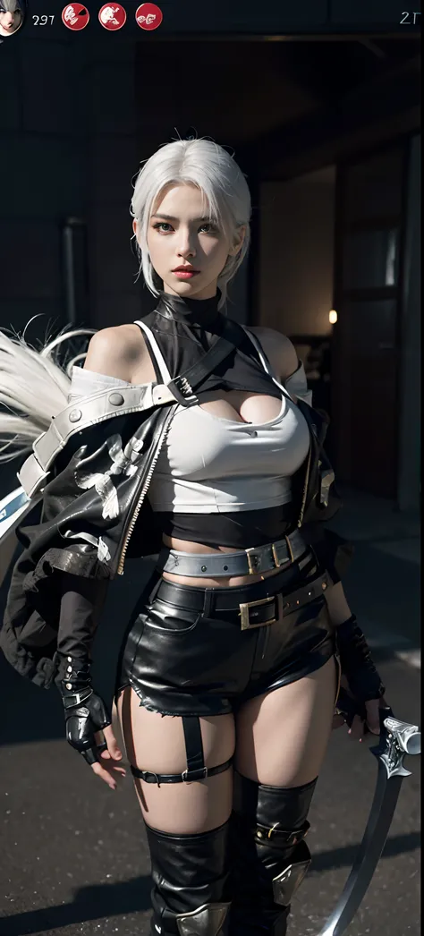 a close up of a person in a costume with a sword, as a character in tekken, female character, tifa lockhart with white hair, katana zero video game character, lunar themed attire, kda, slim body, cyborg - girl with silver hair, upper body avatar, (( medium...