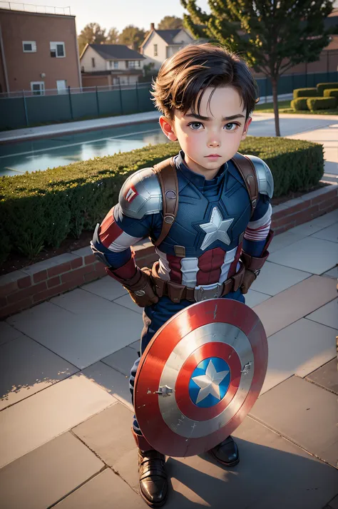 captain america, 9 year old version with classic armor, in the background of a residential garden, with rinks in the background