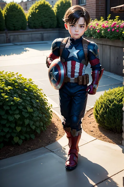 captain america, 9 year old version with classic armor, in the background of a residential garden, with rinks in the background