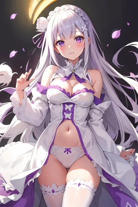 emilia re:zero, white hair, white crown braid, purple ribbons in hair, white flower in hair, white lingerie, x hair ornament, pu...