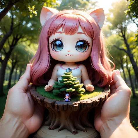 ​masterpiece、top-quality、ultra-detailliert、(Chibi Chara Daphne:1.2)、Greek mythology、fairy tale forest、The lower body is integrated with a large tree.、Bright sunlight