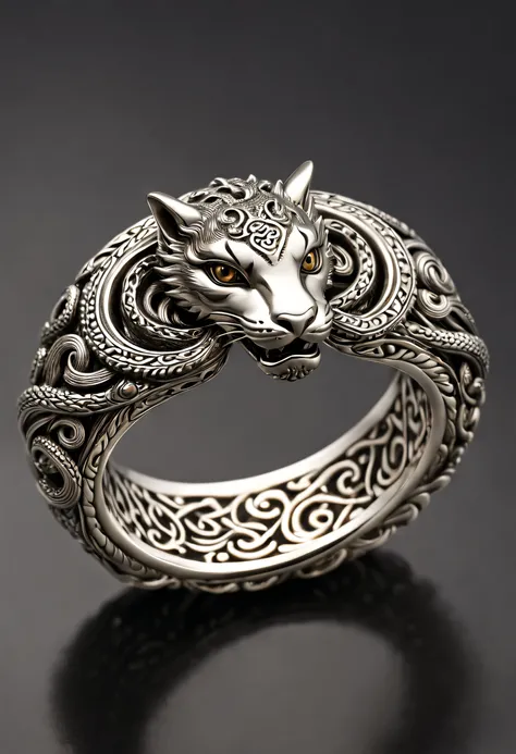 An exquisite and ornate silver (metal ring) in the form of an (ouroboros). The ouroboros ring is embelished with intricate intertwining strands of interconnected patterns, and engraved with intricate flourishes and dimensional details, exhibiting the mesme...