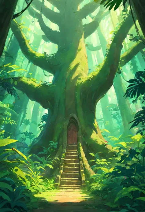 The tree々Digital painting of jungle scene, Deep jungle from another world, Fantasy Jungle, art nouveau jungle environment, Deep jungle texture, Jungle environment, eerie jungle, ,There is a fallen tree in the jungle,