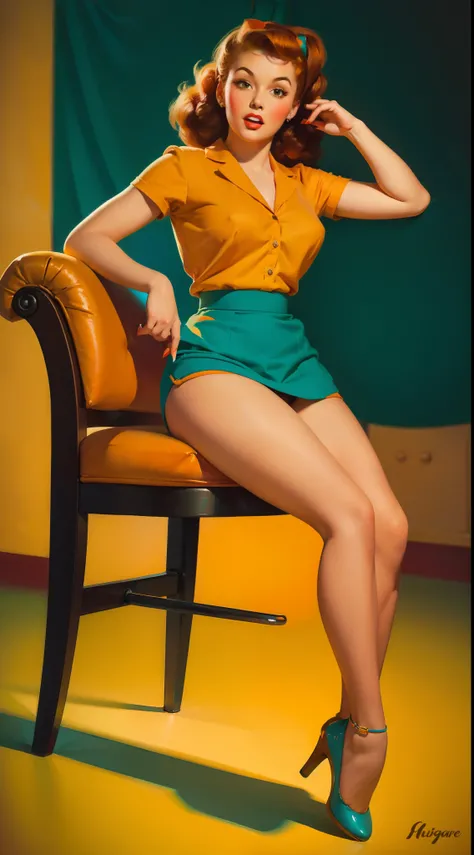 20 years old girl sitting on the chair, vintage, retro pin up style,sexy, , surprised, mini tight skirt, flowing skirt, colorful , orange and teal color scheme, masterpieces art work, illustrated,