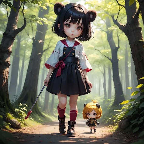 ​masterpiece、top-quality、ultra-detailliert、(Chibi Chara kintarou:1.2)、Solo Male、Black Hair Bob、Red and gold stye、Walking、Black bear、fairy tale forest