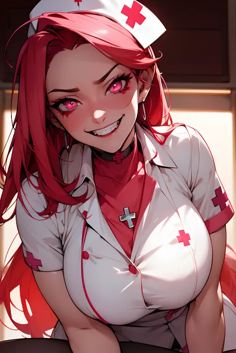 Lady, Happy, (Nurse,:1.2), (mature face:1.4), Stockings, Choker, Red Eyes, Pink, White, Detailed Eyes, Big Smile, Teeth, From Below, Menacing, Blood tears, Vampire Fangs, Blood from mouth, Sunset, Hospital bed, extremely detailed face and eyes, dynamic sha...