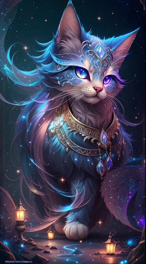 Hay un gato con un collar brillante y una cadena alrededor de su cuello, muy, muy hermoso arte peludo, Arte digital 4K altamente detallado, Detailed fantasy art, detailed fantasy digital art, Lindo arte digital detallado, Hermosa obra de arte digital, Arte...