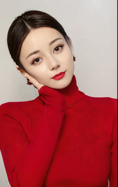 (a woman from Arad posing for a photo, wearing a red turtleneck sweater, shaxi, intelligent and beautiful, Lee Ji-eun, Li Zhien, Zheng Shenmin, wearing a turtleneck sweater, dominant red, intense red, Piao Zhimin, flushed, Taoist, high-quality portrait, we...